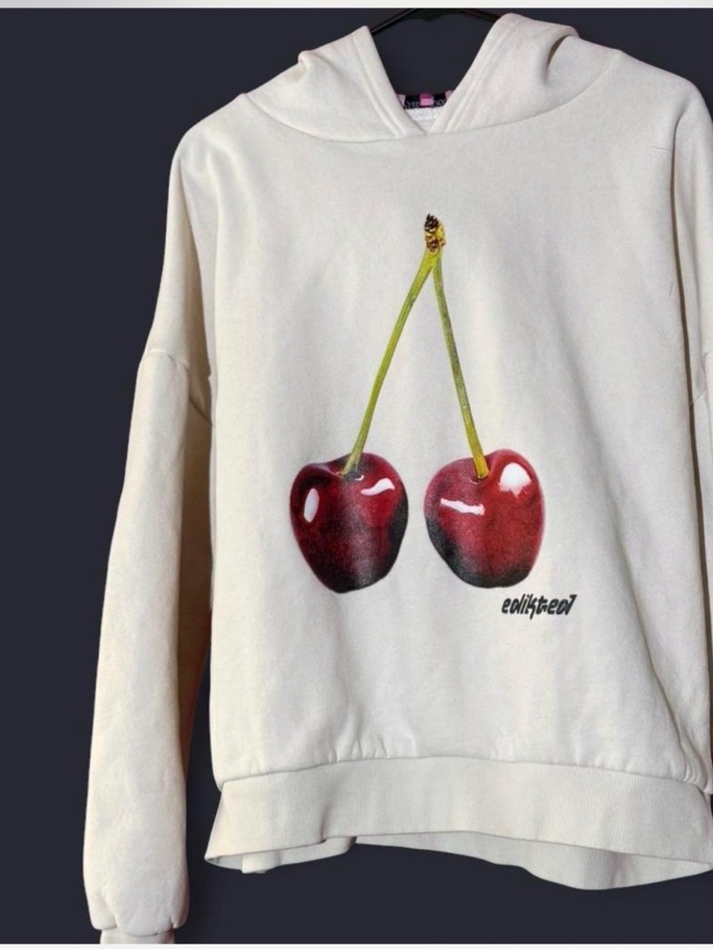 Edikted Cherry Graphic Hoodie Cream XS Y2K Aesthetic Sweatshirt